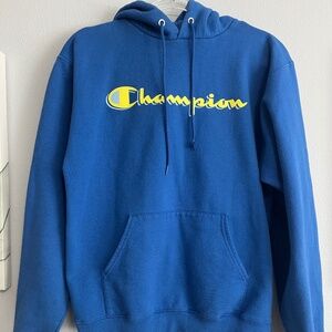 Champion Men's hoodie, blue w yellow logo, size medium
